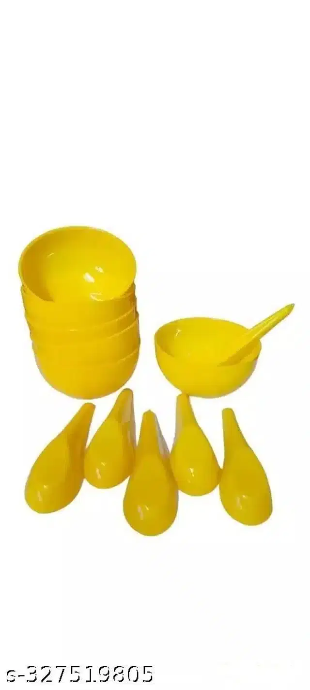 Plastic 6 Pcs Bowls, 250 ml with 6 Pcs Spoons, Yellow, Set of 2