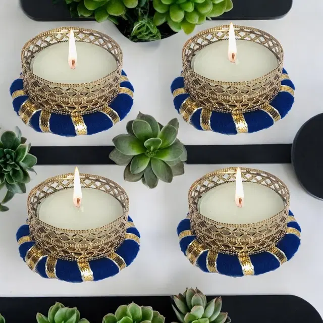 Metal Designer Tealight Candle Holder, Blue, 5x5x2 cm, Pack of 4