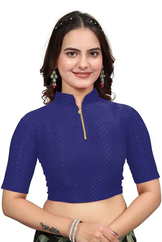 Cotton Lycra Solid Stitched Blouse for Women (Navy Blue, 28)