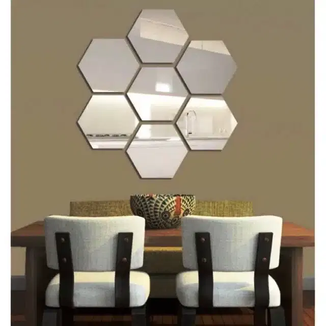 Acrylic Hexagonal Mirror Sticker for Wall, 12x12 cm, Pack of 7