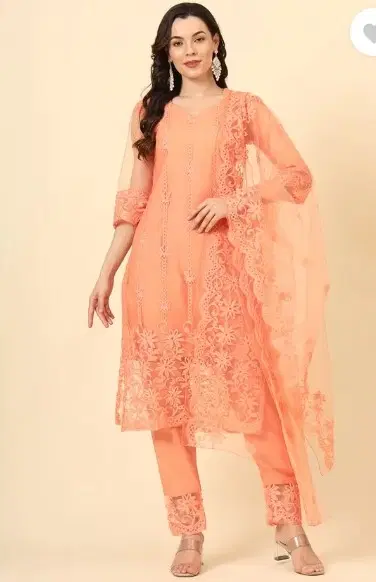 Net Solid Kurta Set with Dupatta for Women (Orange, XS)