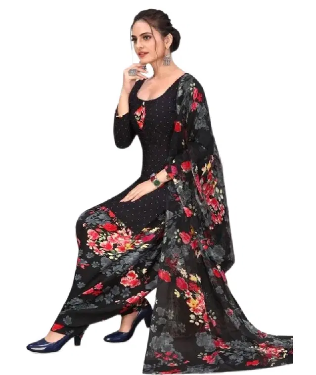 Crepe Printed Unstitched Suits Fabrics for Women (Black, 2.25 m)