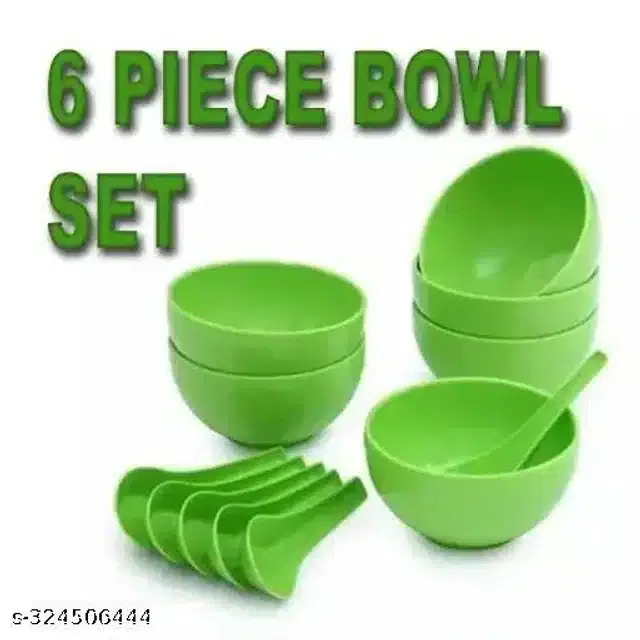 Plastic 6 Pcs Bowls, 250 ml with 6 Pcs Spoons, Green, Set of 2