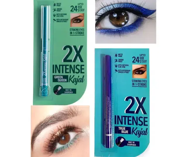 Waterproof Smudge Proof Kajals, Blue & Green, Pack of 2