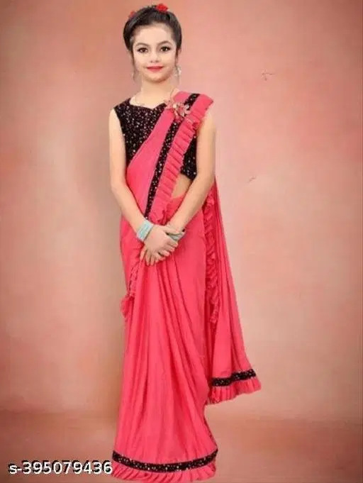 Lycra Solid Saree for Girls (Pink, 6-7 Years)