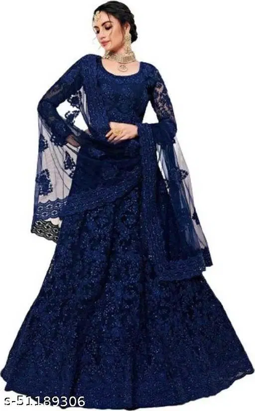 Cotton Blend Lehenga Choli for Women (Navy Blue, Free Size)
