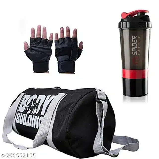 Combo of Gym Bag with Shaker Bottle, 400 ml, Gloves, Multicolor, Set of 3