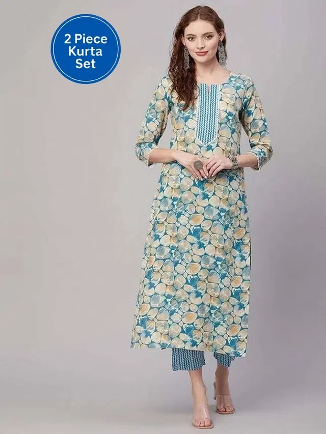 Cotton Blend Printed Women's Kurta with Pant Set, Sea Green (M)