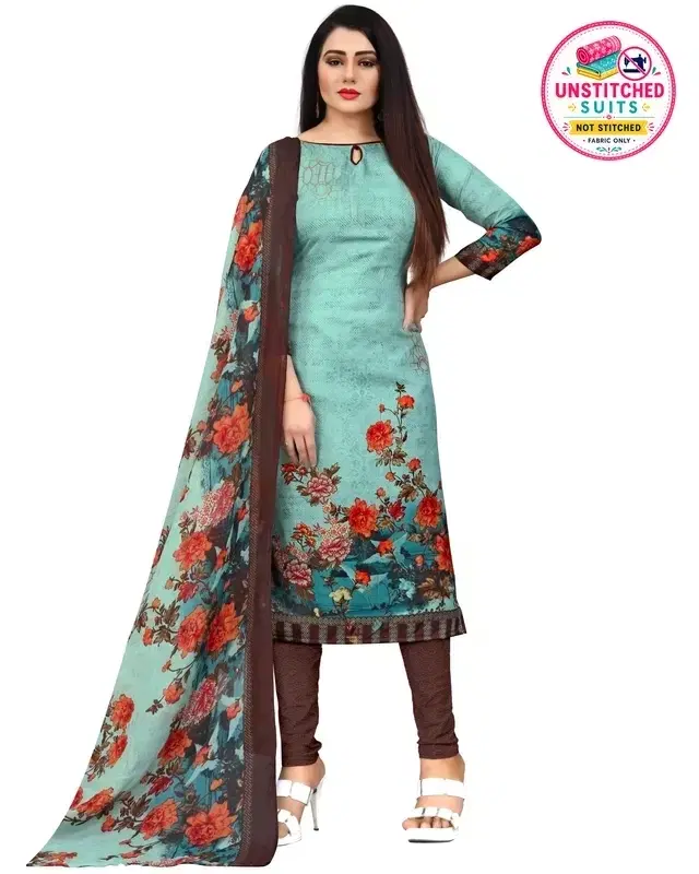 Cotton Blend Floral Print Unstitched Suit with Dupatta for Women, Blue