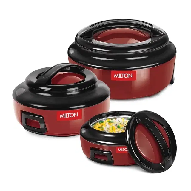 Milton Ernesto Inner Stainless Steel Jr. Casserole Set Of 3 (390 ml, 720 ml, 1320 ml), Red | Easy To Carry | Serving | Stackable
