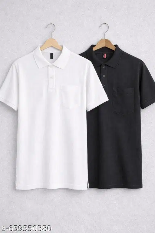 Cotton Blend Solid T-shirt for men, White & Black (M) Pack of 2
