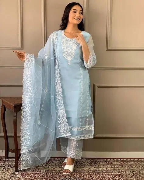 Organza Solid Kurta Set with Dupatta for Women (Aqua Blue, XS)