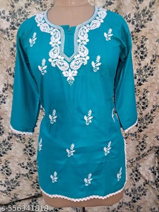 Cotton Chikankari Short Kurti for Women, Blue (L)