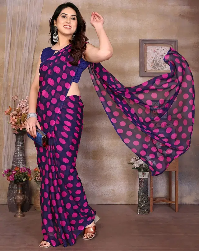Georgette Saree for Women, Polka Dot (Navy, Free Size)