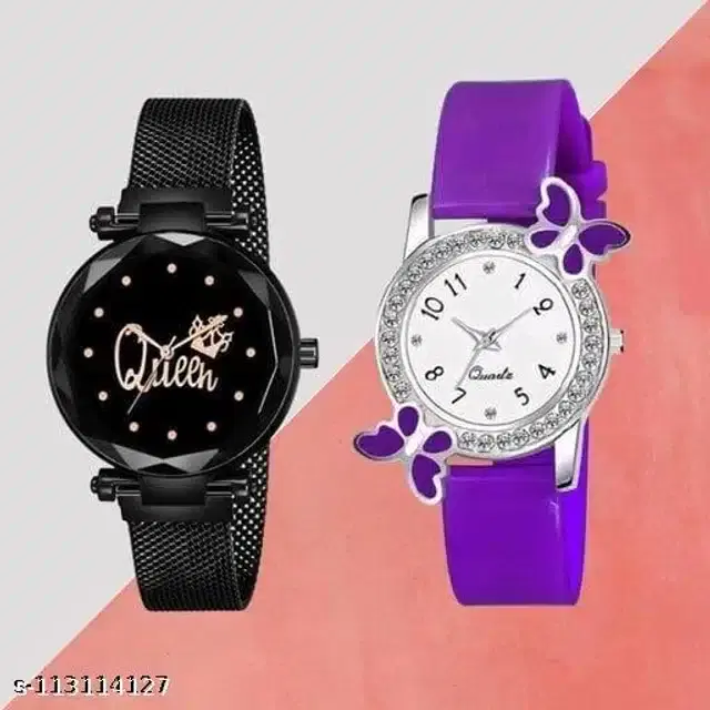 Analog Watch for Women, Set of 2 (Purple & Black)