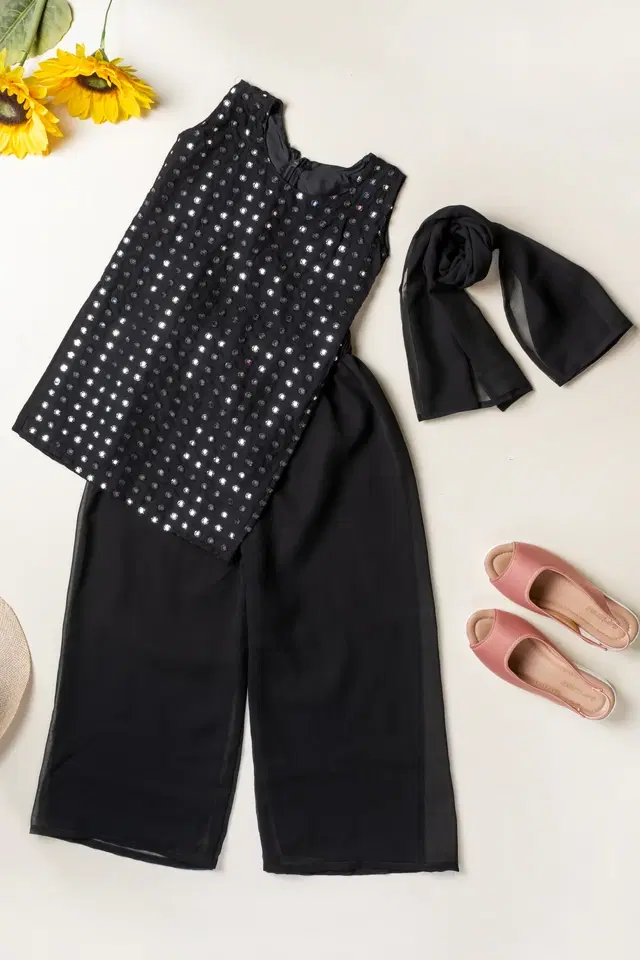 Georgette Embroidered Kurti with Sharara & Dupatta for Girls (Black, 3-4 Years)