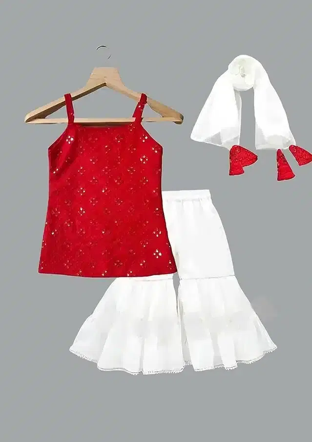 Rayon Embroidered Kurti with Sharara & Dupatta for Girls (Red & White, 8-9 Years)