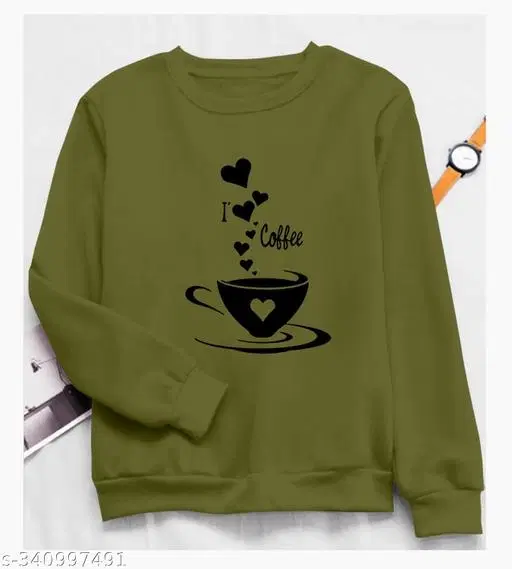 Cotton Printed Sweatshirt for Women (Olive, S)