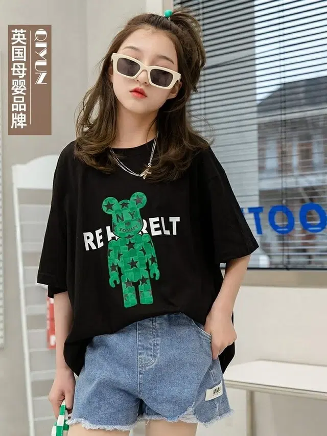Round Neck Printed T-Shirt for Girls (Black, 6-7 Years)