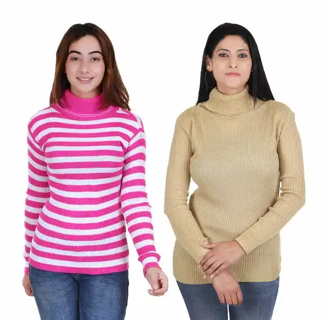 Full Sleeves Solid Sweater for Women, Pack of 2 (Beige & Dark Pink, M)
