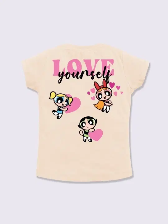 Cotton Powerpuff Girls Printed Top for Girls, Beige (7-8 Years)