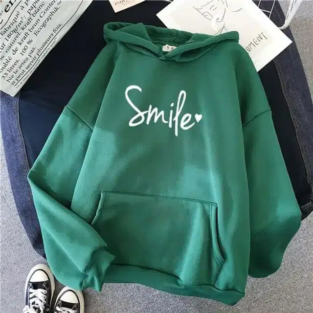 Fleece Self-Design Hoodies for Women (Green, S)