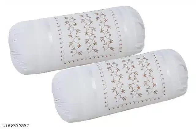 Embroidered Cotton Bolster Cover, White, 16x20 inches, Pack of 2