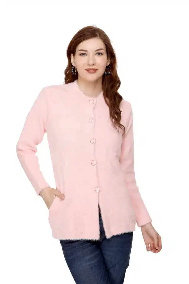 Woolen Full Sleeves Cardigan for Women (Pink, L, Free Size)