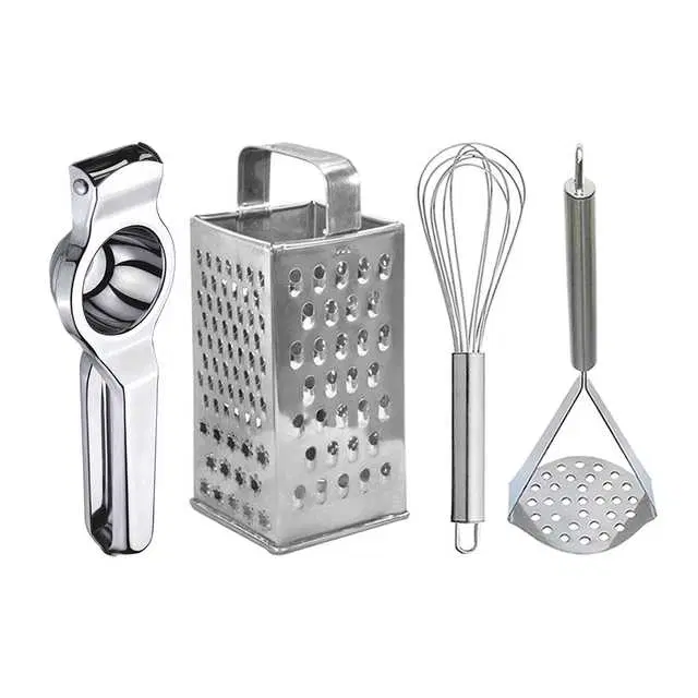 Oc9 Stainless Steel Lemon Squeezer & 4 in 1 Grater Or Slicer & Egg Whisk & Potato Masher Kitchen Tool Set, O-130
