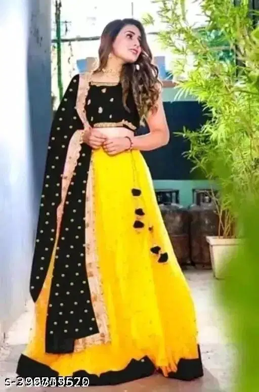 Net Embroidered Lehenga Choli with Dupatta for Girls (Yellow & Black, 12-13 Years)