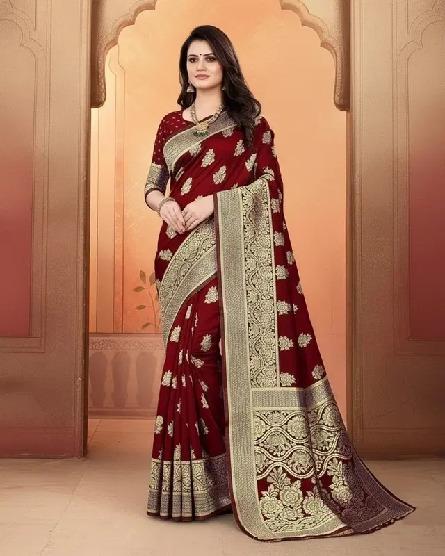 Banarasi Silk Jacquard Embroidery Saree for Women, Blue