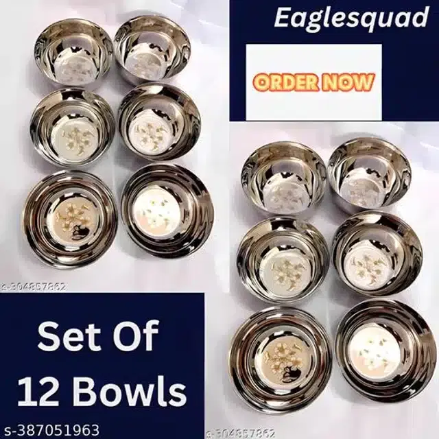 Stainless Steel Bowls, Silver, Pack of 12