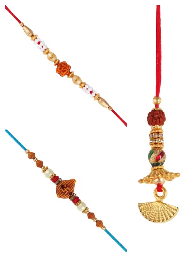 Designer Rakhi with Pearls Lumba for Rakshabandhan, Multicolor, Pack of 3