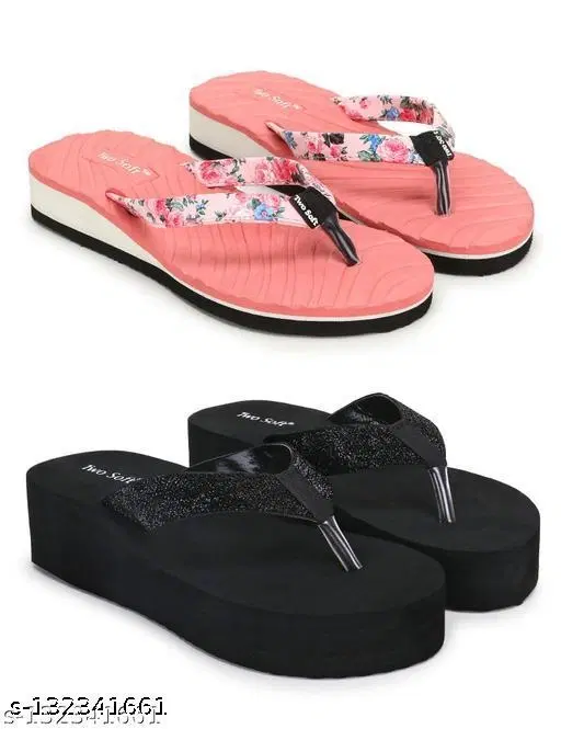 Twosoft Suede Flip-flops for Women (Black, 8) Pack of 2