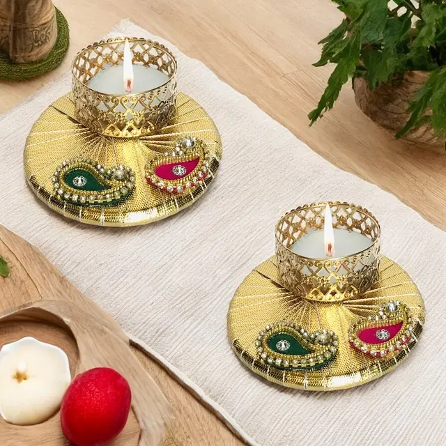Metal Designer Tealight Candle Holder, Gold, 7.5x7.5x3 cm, Pack of 2