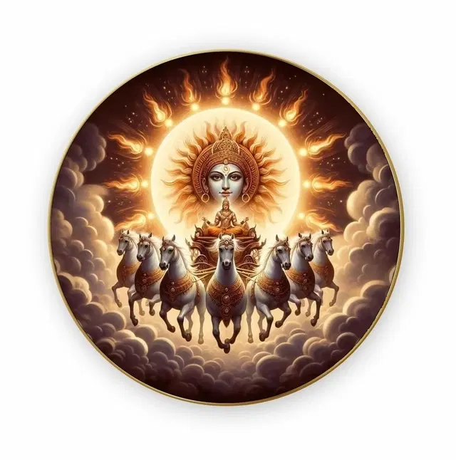 Kc Arts Uv Coated Surya Dev With 7 Horses Wall Hanging 12x12in