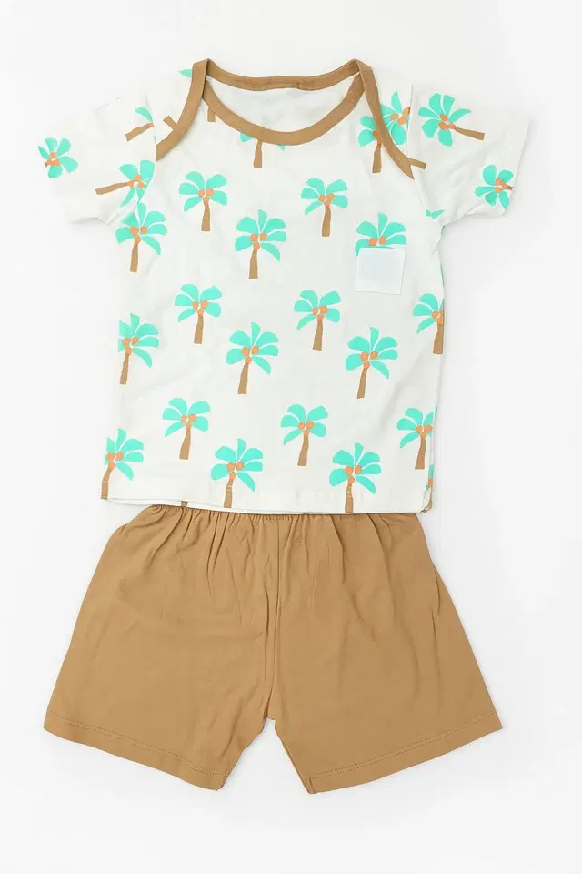 Cotton Printed Clothing Set for Boys, Beige & White (0-6 Months)