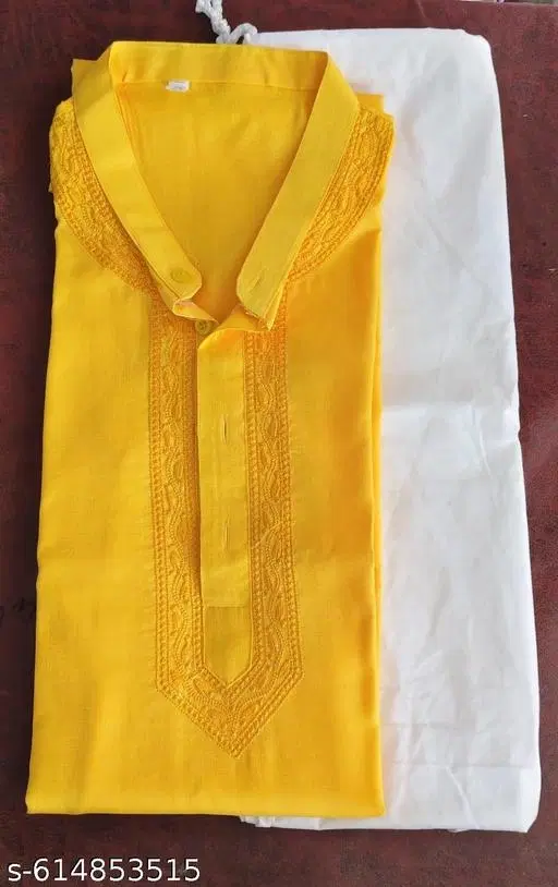 Cotton Solid Kurta Set for Men, White & Yellow (M)