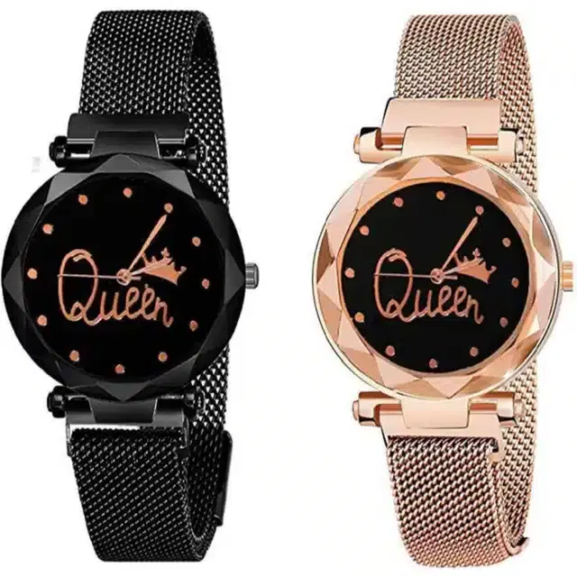 Women's Analog Watches, Pack of 2 (Black & Rose Gold)