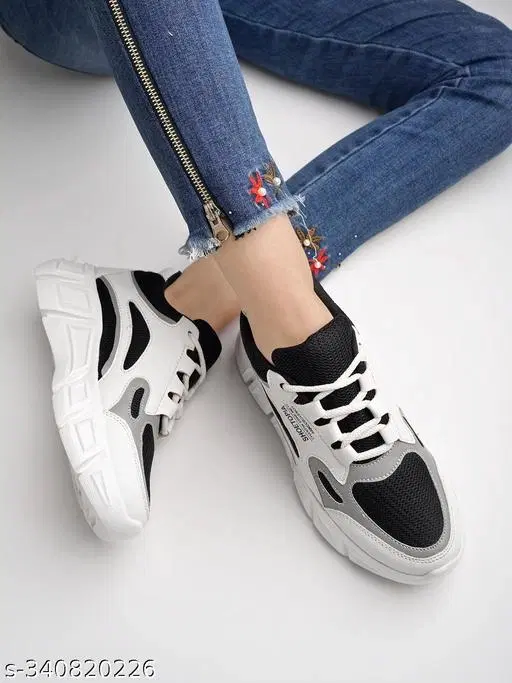 Solid Synthetic Sneakers for Women (Black, IND-3)