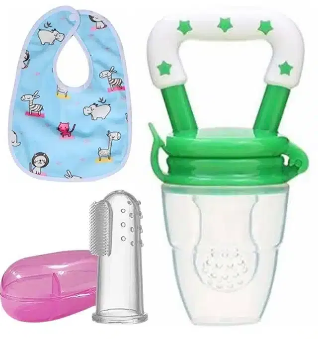 Silicone Fruit Feeder with Finger Brush & Bib for Kids, Multicolor, Set of 3