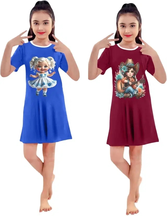 Graphic Print Shift Dress for Girls, Pack of 2 (Olv & Mrn, 2-3 Y)