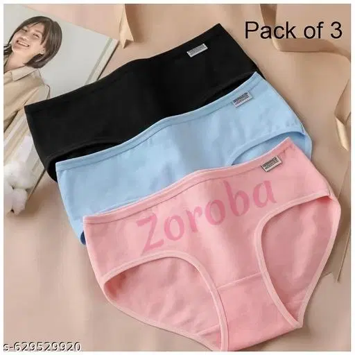 Solid Mid Rise Bikini Briefs for Women, Pack of 3 (Black, M)