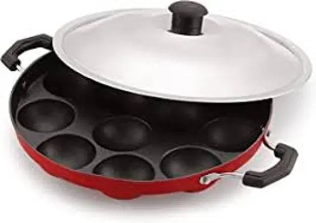 ZODEX 12 Cavities Non Stick Appam Patra with Lid and Side Handle, Multicolor, 21 cm