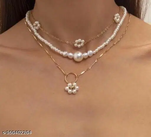 Trendy Urbanic Triple Layered Minimal Pearl Flower Necklace for Girls And Women