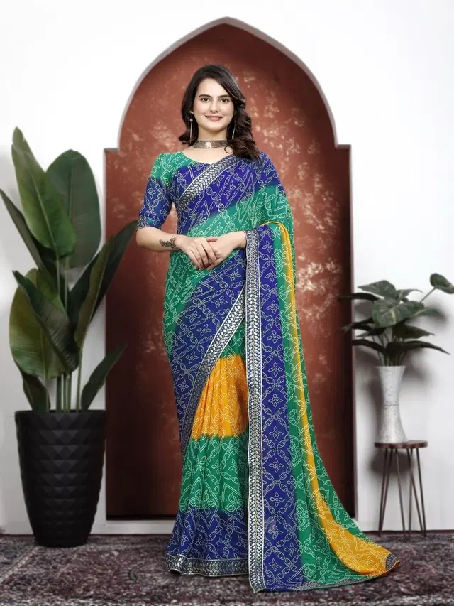 Georgette Bandhini Saree for Women, Blue