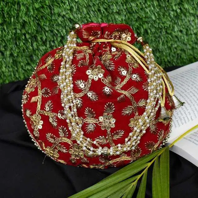 Velvet Ethnic & Traditional Handheld Potli for Women, Red, A-61