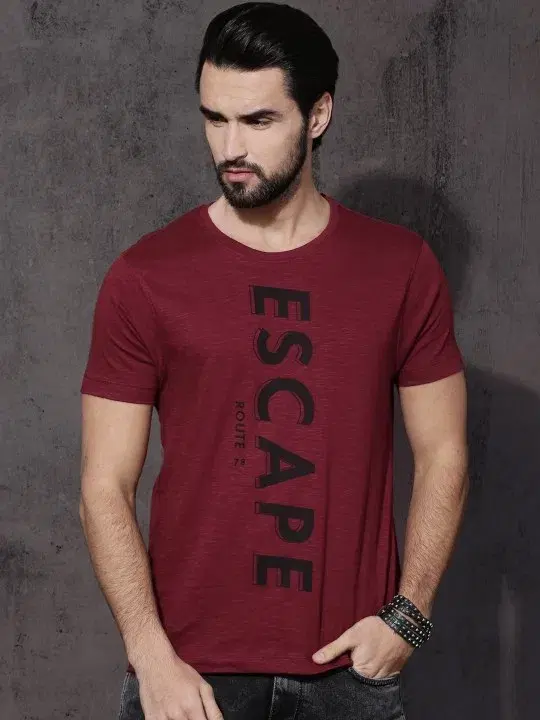 Round Neck Printed T-Shirt for Men, Maroon (M)