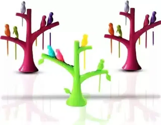 Plastic Fruit Fork Set with Stand, Multicolor, Set of 3