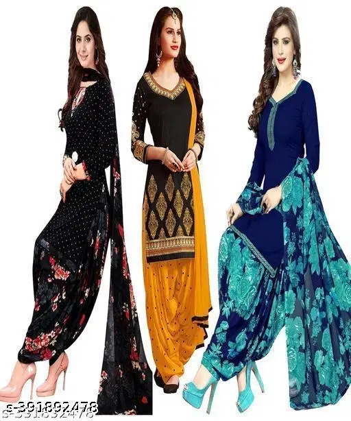 Crepe Printed Unstitched Suits for Women, Pack of 3 (Black, Un Stitched)
